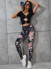 Sporty High Waist Wide Waistband Slim Fit Floral Print Tummy Control Running Yoga Stretchy Leggings